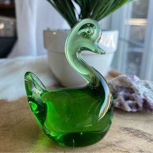 Vintage Viking Art Glass Paperweight Swan 3” Figurine Green